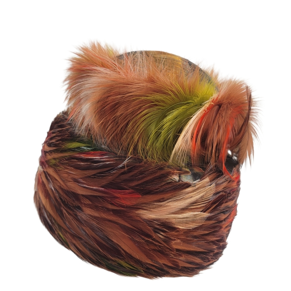 Vintage Robin Ellen pheasant feather pillbox hat with box Orange Green Mod - Picture 2 of 10